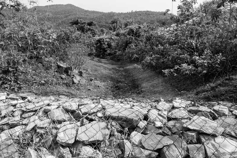 A watershed structure called 'gabion' constructed under Jaya Devi - the Water Lady's leadership - which consists of stones set in an iron net placed across a hill channel bringing runoff, meant to act as a checkdam, stopping and checking the water current